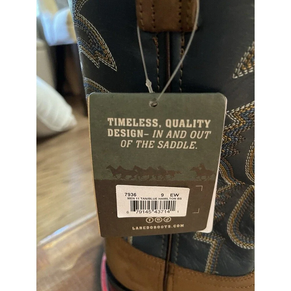 Laredo Men's Hamilton BS Brown & Blue Square Toe Boots 7936 Size 9 EW New In Box